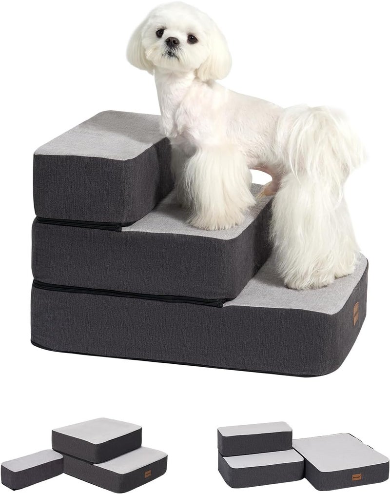 Garnpet 3-Step Adjustable Dog Stairs for Sofa and Couch, Dog Steps for Small Dogs and Cats, Foldable Pet Stairs for Low Bed Climbing, Non-Slip Pet Step Indoor, Grey - Image 1